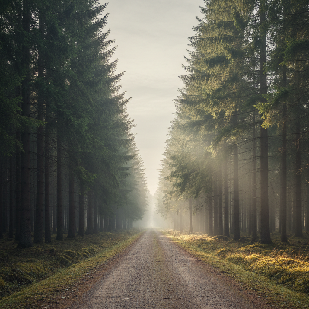 Utsikt över en stilla skogsväg i tidigt morgonljus, omgiven av höga barrträd med dimma som svävar nära marken och skapar en kontemplativ atmosfär