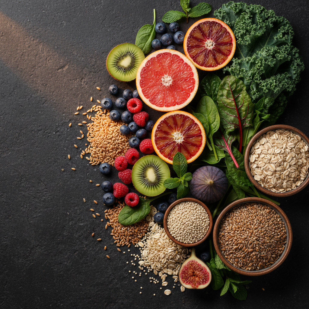 Urval av färgrika frukter, gröna bladgrönsaker och naturliga spannmål arrangerade på en mörk stenyta med varmt riktat sidoljus som framhäver texturer och naturliga färger