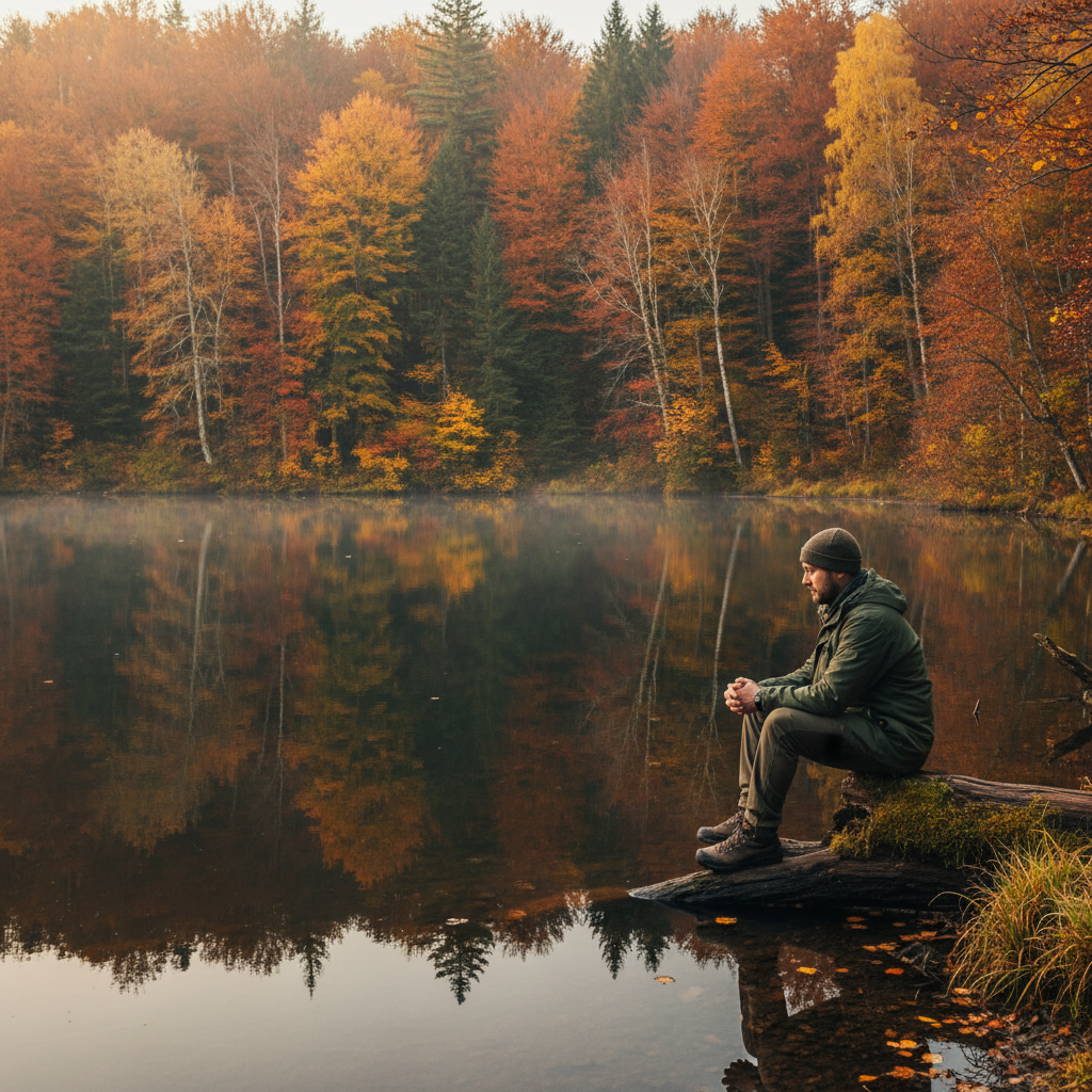 Lugn naturscen med en man som sitter på en stubbe vid ett stilla vatten omgivet av höstfärgad skog, betraktandes reflektioner i vattenytan i ett tillstånd av stilla kontemplation