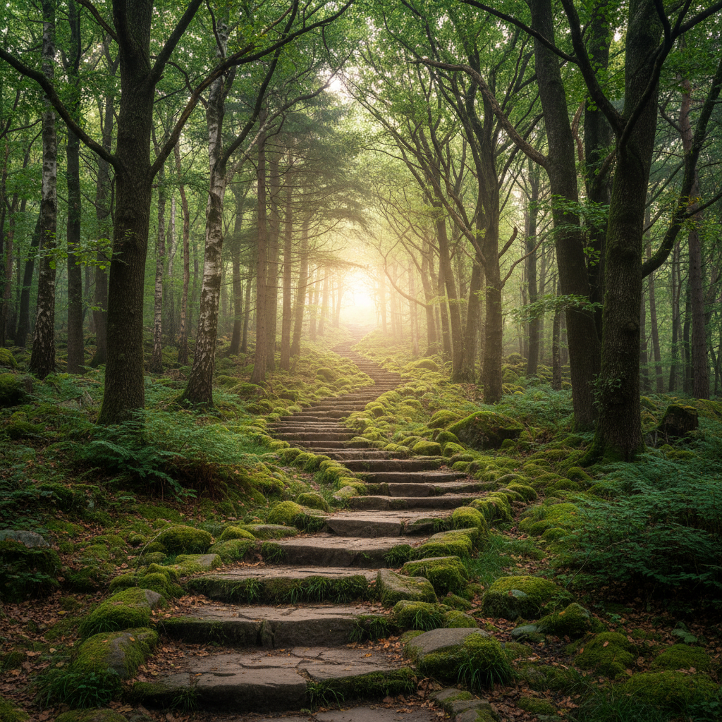 Stenlagd naturlig trappa i en tät skog som leder uppåt mot ett mjukt ljus, symboliserande framsteg och stegvisa förändringar över tid